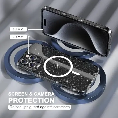 Choiche for iPhone 15 Pro Case Magnetic, Women Clear Glitter Bling Sparkly Case, [3xDiamond Camera Lens Protectors] [2xTempered Glass Screen Protectors] [Compatible MagSafe] (Glitter Clear) - 4