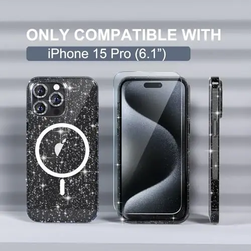 Choiche for iPhone 15 Pro Case Magnetic, Women Clear Glitter Bling Sparkly Case, [3xDiamond Camera Lens Protectors] [2xTempered Glass Screen Protectors] [Compatible MagSafe] (Glitter Clear) - 2