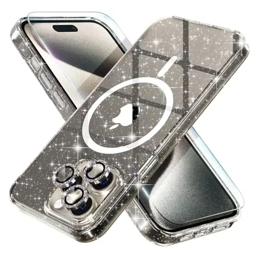 Choiche for iPhone 15 Pro Case Magnetic, Women Clear Glitter Bling Sparkly Case, [3xDiamond Camera Lens Protectors] [2xTempered Glass Screen Protectors] [Compatible MagSafe] (Glitter Gray) - 1