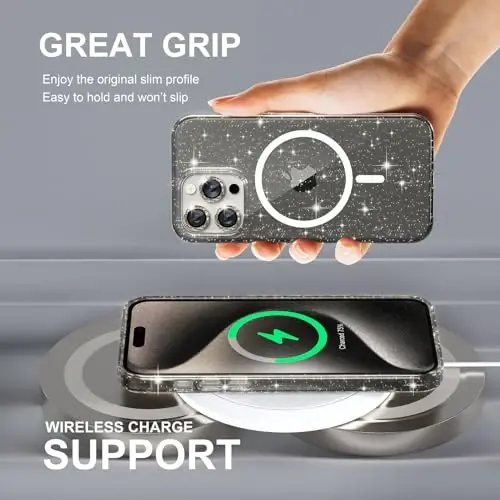 Choiche for iPhone 15 Pro Case Magnetic, Women Clear Glitter Bling Sparkly Case, [3xDiamond Camera Lens Protectors] [2xTempered Glass Screen Protectors] [Compatible MagSafe] (Glitter Gray) - 6