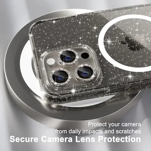 Choiche for iPhone 15 Pro Case Magnetic, Women Clear Glitter Bling Sparkly Case, [3xDiamond Camera Lens Protectors] [2xTempered Glass Screen Protectors] [Compatible MagSafe] (Glitter Gray) - 3