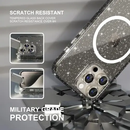 Choiche for iPhone 15 Pro Case Magnetic, Women Clear Glitter Bling Sparkly Case, [3xDiamond Camera Lens Protectors] [2xTempered Glass Screen Protectors] [Compatible MagSafe] (Glitter Gray) - 5