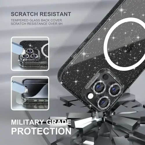 Choiche for iPhone 15 Pro Max Case Magnetic, Women Clear Glitter Bling Sparkly Case, [3xDiamond Camera Lens Protectors] [2xTempered Glass Screen Protectors] [Compatible MagSafe] (Glitter Black) - 5