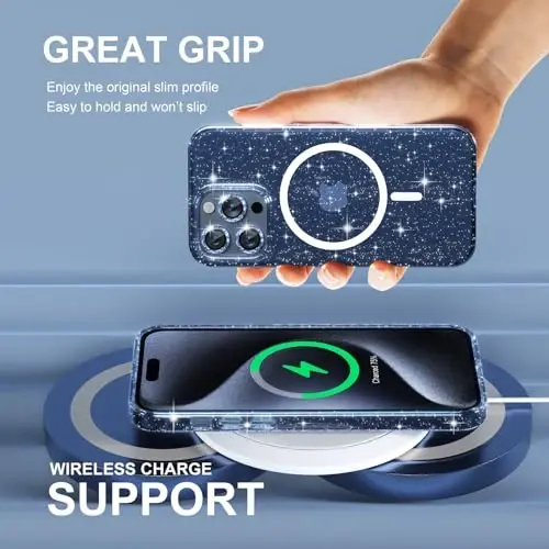 Choiche for iPhone 15 Pro Max Case Magnetic, Women Clear Glitter Bling Sparkly Case, [3xDiamond Camera Lens Protectors] [2xTempered Glass Screen Protectors] [Compatible MagSafe] (Glitter Blue) - 6