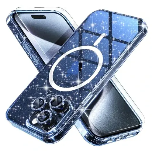 Choiche for iPhone 15 Pro Max Case Magnetic, Women Clear Glitter Bling Sparkly Case, [3xDiamond Camera Lens Protectors] [2xTempered Glass Screen Protectors] [Compatible MagSafe] (Glitter Blue) 