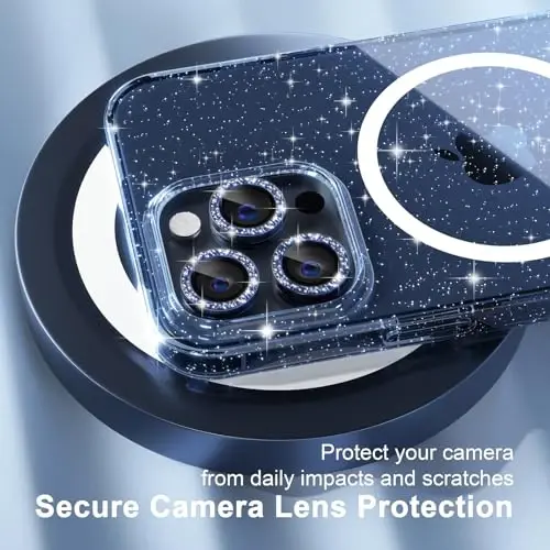 Choiche for iPhone 15 Pro Max Case Magnetic, Women Clear Glitter Bling Sparkly Case, [3xDiamond Camera Lens Protectors] [2xTempered Glass Screen Protectors] [Compatible MagSafe] (Glitter Blue) - 3
