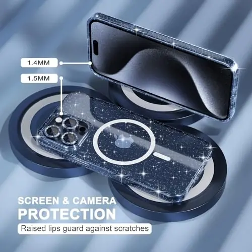 Choiche for iPhone 15 Pro Max Case Magnetic, Women Clear Glitter Bling Sparkly Case, [3xDiamond Camera Lens Protectors] [2xTempered Glass Screen Protectors] [Compatible MagSafe] (Glitter Blue) - 4