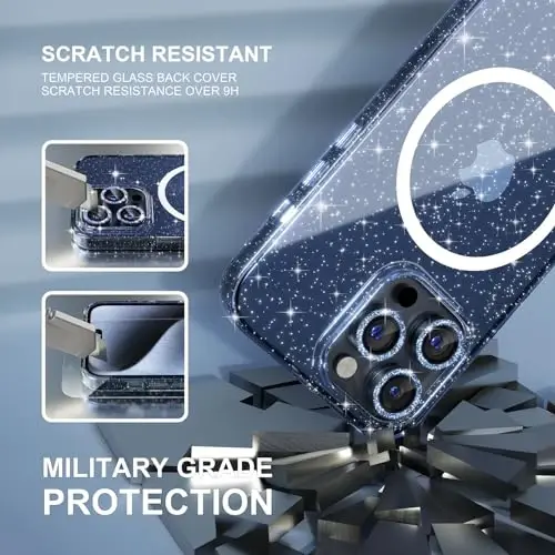 Choiche for iPhone 15 Pro Max Case Magnetic, Women Clear Glitter Bling Sparkly Case, [3xDiamond Camera Lens Protectors] [2xTempered Glass Screen Protectors] [Compatible MagSafe] (Glitter Blue) - 5