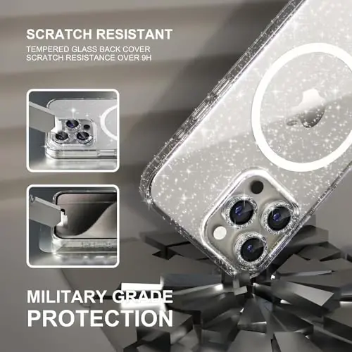 Choiche for iPhone 15 Pro Max Case Magnetic, Women Clear Glitter Bling Sparkly Case, [3xDiamond Camera Lens Protectors] [2xTempered Glass Screen Protectors] [Compatible MagSafe] (Glitter Clear) - 5