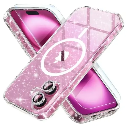 Choiche for iPhone 16 Case Magnetic, Women Clear Glitter Bling Sparkly Case, [2xDiamond Camera Lens Protectors] [2xTempered Glass Screen Protectors] [Compatible MagSafe] 6.1