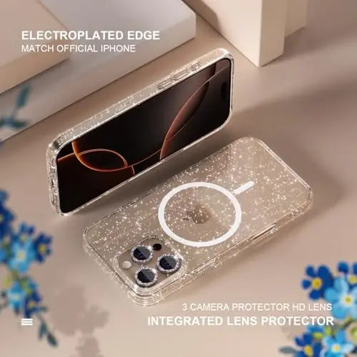 Choiche for iPhone 16 Pro Case Magnetic, Women Clear Glitter Bling Sparkly Case, [3xDiamond Camera Lens Protectors] [2xTempered Glass Screen Protectors] [Compatible MagSafe] 6.3