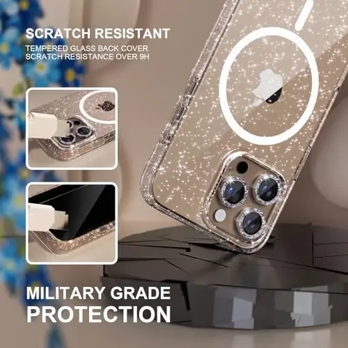 Choiche for iPhone 16 Pro Case Magnetic, Women Clear Glitter Bling Sparkly Case, [3xDiamond Camera Lens Protectors] [2xTempered Glass Screen Protectors] [Compatible MagSafe] 6.3