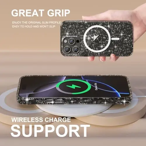 Choiche for iPhone 16 Pro Case Magnetic, Women Clear Glitter Bling Sparkly Case, [3xDiamond Camera Lens Protectors] [2xTempered Glass Screen Protectors] [Compatible MagSafe] 6.3