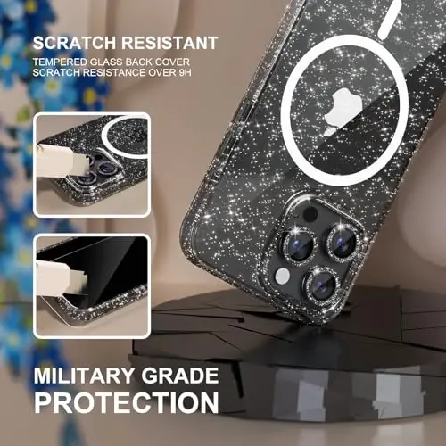 Choiche for iPhone 16 Pro Case Magnetic, Women Clear Glitter Bling Sparkly Case, [3xDiamond Camera Lens Protectors] [2xTempered Glass Screen Protectors] [Compatible MagSafe] 6.3