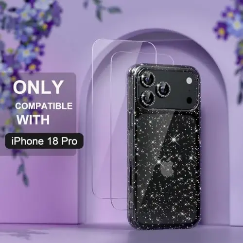 Choiche for iPhone 18 Pro Case Clear Women Girly (Glitter Black) | Cute Glitter Bling Sparkly Phone Case, [3 x Diamond Camera Lens Protectors] [2 x Tempered Glass Screen Protectors] 6.3-inch - 2