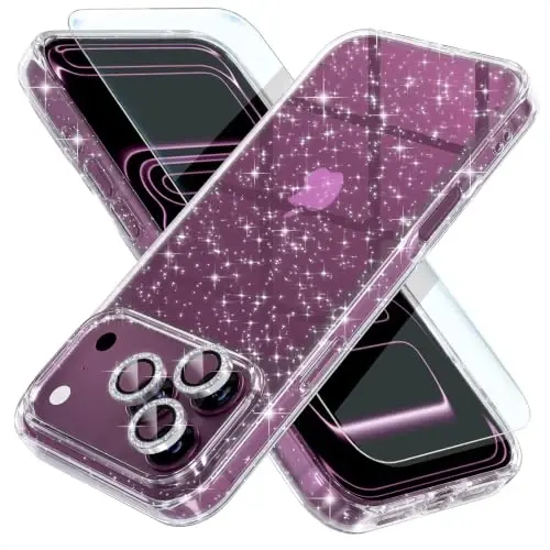 Choiche for iPhone 18 Pro Case Clear Women Girly (Glitter Clear) | Cute Glitter Bling Sparkly Phone Case, [3 x Diamond Camera Lens Protectors] [2 x Tempered Glass Screen Protectors] 6.3-inch - 1