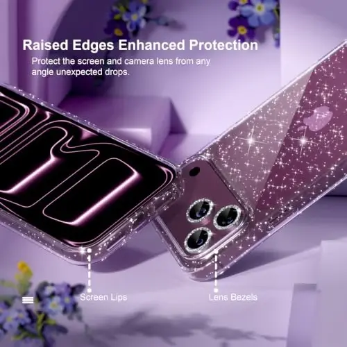 Choiche for iPhone 18 Pro Case Clear Women Girly (Glitter Clear) | Cute Glitter Bling Sparkly Phone Case, [3 x Diamond Camera Lens Protectors] [2 x Tempered Glass Screen Protectors] 6.3-inch - 4