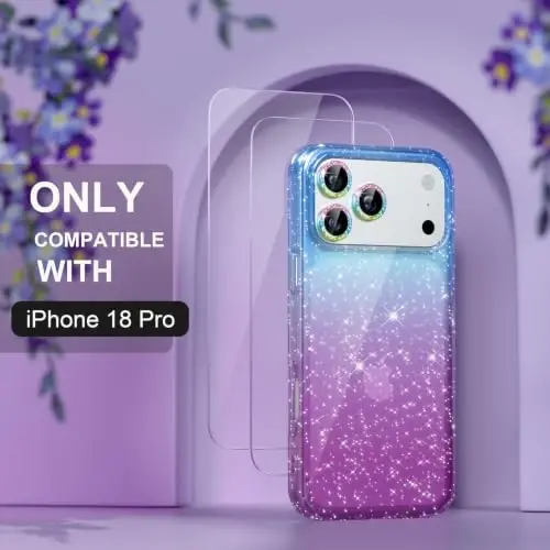 Choiche for iPhone 18 Pro Case Clear Women (Glitter Blue/Purple) | Cute Glitter Bling Sparkly Phone Case, [3 x Diamond Camera Lens Protectors] [2 x Tempered Glass Screen Protectors] 6.3-inch - Choiche (1)