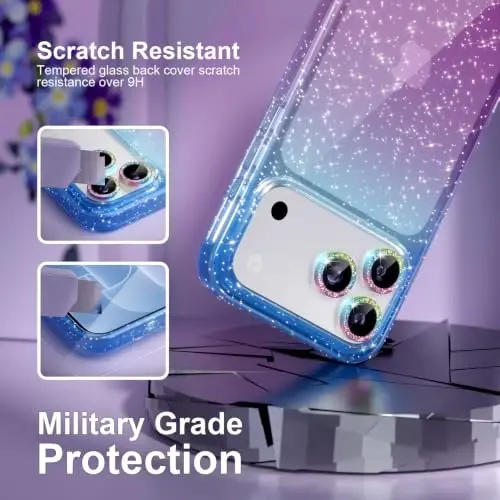 Choiche for iPhone 18 Pro Case Clear Women (Glitter Blue/Purple) | Cute Glitter Bling Sparkly Phone Case, [3 x Diamond Camera Lens Protectors] [2 x Tempered Glass Screen Protectors] 6.3-inch - 5