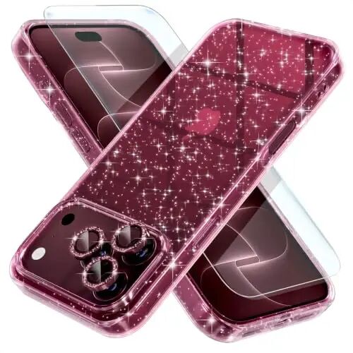 Choiche for iPhone 18 Pro Case Clear Women (Glitter Burgundy) | Cute Glitter Bling Sparkly Phone Case, [3 x Diamond Camera Lens Protectors] [2 x Tempered Glass Screen Protectors] 6.3-inch - Choiche