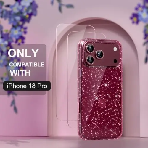 Choiche for iPhone 18 Pro Case Clear Women (Glitter Burgundy) | Cute Glitter Bling Sparkly Phone Case, [3 x Diamond Camera Lens Protectors] [2 x Tempered Glass Screen Protectors] 6.3-inch - 2