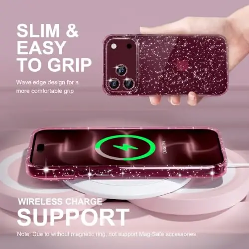 Choiche for iPhone 18 Pro Case Clear Women (Glitter Burgundy) | Cute Glitter Bling Sparkly Phone Case, [3 x Diamond Camera Lens Protectors] [2 x Tempered Glass Screen Protectors] 6.3-inch - 6