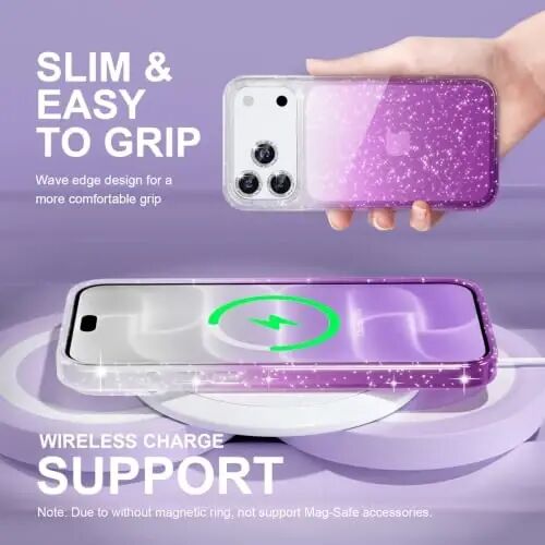 Choiche for iPhone 18 Pro Case Clear Women (Glitter Clear/Purple) | Cute Glitter Bling Sparkly Phone Case, [3 x Diamond Camera Lens Protectors] [2 x Tempered Glass Screen Protectors] 6.3-inch - 6