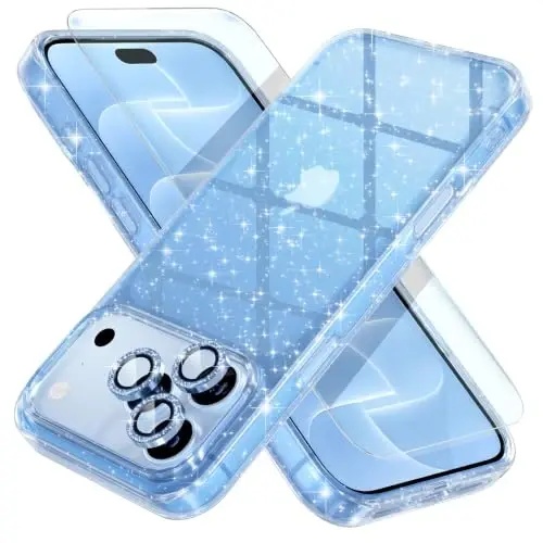 Choiche for iPhone 18 Pro Case Clear Women (Glitter Glacier Blue) | Cute Glitter Bling Sparkly Phone Case, [3 x Diamond Camera Lens Protectors] [2 x Tempered Glass Screen Protectors] 6.3-inch - 1