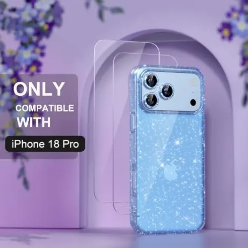 Choiche for iPhone 18 Pro Case Clear Women (Glitter Glacier Blue) | Cute Glitter Bling Sparkly Phone Case, [3 x Diamond Camera Lens Protectors] [2 x Tempered Glass Screen Protectors] 6.3-inch - 2