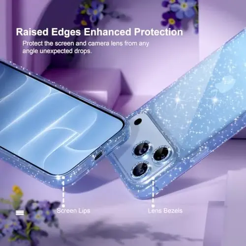 Choiche for iPhone 18 Pro Case Clear Women (Glitter Glacier Blue) | Cute Glitter Bling Sparkly Phone Case, [3 x Diamond Camera Lens Protectors] [2 x Tempered Glass Screen Protectors] 6.3-inch - 4