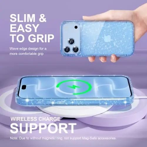 Choiche for iPhone 18 Pro Case Clear Women (Glitter Glacier Blue) | Cute Glitter Bling Sparkly Phone Case, [3 x Diamond Camera Lens Protectors] [2 x Tempered Glass Screen Protectors] 6.3-inch - 6