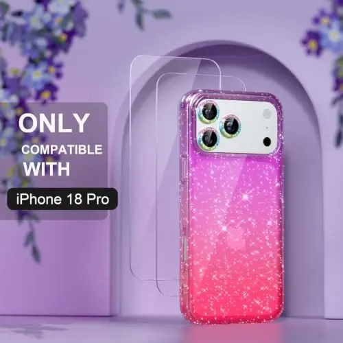 Choiche for iPhone 18 Pro Case Clear Women (Glitter Purple/Pink) | Cute Glitter Bling Sparkly Phone Case, [3 x Diamond Camera Lens Protectors] [2 x Tempered Glass Screen Protectors] 6.3-inch - Choiche (1)