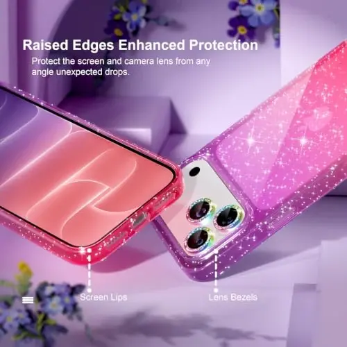 Choiche for iPhone 18 Pro Case Clear Women (Glitter Purple/Pink) | Cute Glitter Bling Sparkly Phone Case, [3 x Diamond Camera Lens Protectors] [2 x Tempered Glass Screen Protectors] 6.3-inch - 4