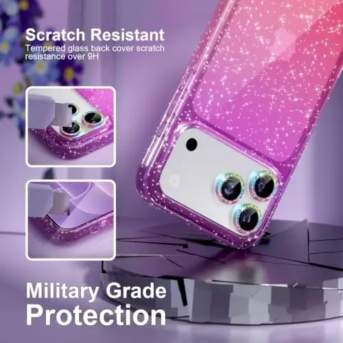 Choiche for iPhone 18 Pro Case Clear Women (Glitter Purple/Pink) | Cute Glitter Bling Sparkly Phone Case, [3 x Diamond Camera Lens Protectors] [2 x Tempered Glass Screen Protectors] 6.3-inch - 5