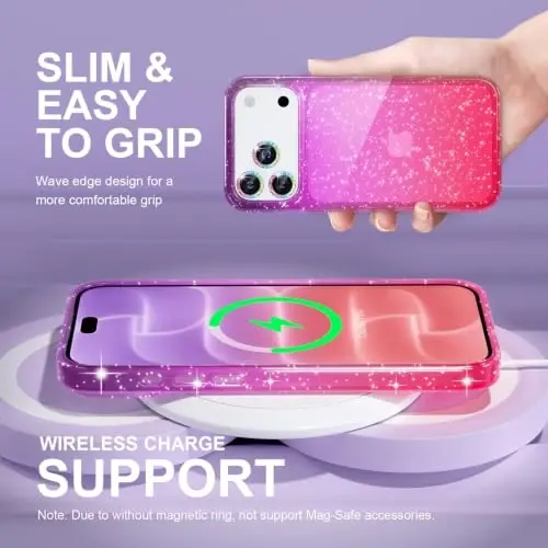Choiche for iPhone 18 Pro Case Clear Women (Glitter Purple/Pink) | Cute Glitter Bling Sparkly Phone Case, [3 x Diamond Camera Lens Protectors] [2 x Tempered Glass Screen Protectors] 6.3-inch - 6