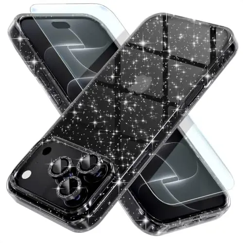 Choiche for iPhone 18 Pro Max Case Clear Women Girly (Glitter Black) | Cute Glitter Bling Sparkly Phone Case, [3 x Diamond Camera Lens Protectors] [2 x Tempered Glass Screen Protectors] 6.9-inch - 1
