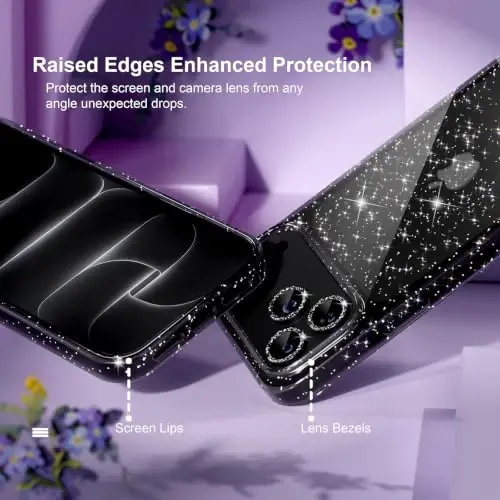 Choiche for iPhone 18 Pro Max Case Clear Women Girly (Glitter Black) | Cute Glitter Bling Sparkly Phone Case, [3 x Diamond Camera Lens Protectors] [2 x Tempered Glass Screen Protectors] 6.9-inch - 4