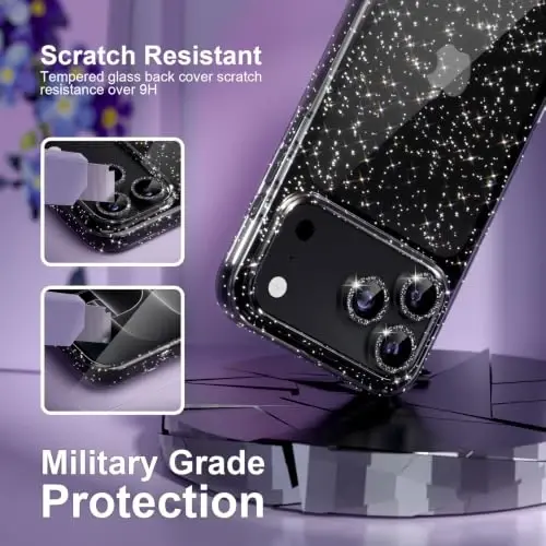 Choiche for iPhone 18 Pro Max Case Clear Women Girly (Glitter Black) | Cute Glitter Bling Sparkly Phone Case, [3 x Diamond Camera Lens Protectors] [2 x Tempered Glass Screen Protectors] 6.9-inch - 5