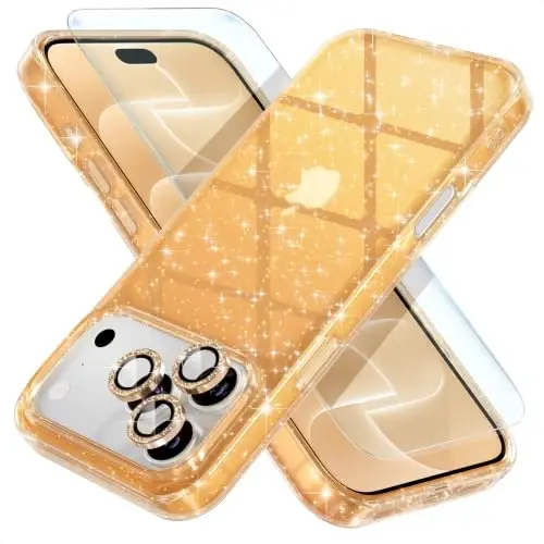 Choiche for iPhone 18 Pro Max Case Clear Women Girly (Glitter Gold) | Cute Glitter Bling Sparkly Phone Case, [3 x Diamond Camera Lens Protectors] [2 x Tempered Glass Screen Protectors] 6.9-inch - 1