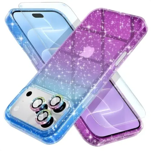 Choiche for iPhone 18 Pro Max Case Clear Women (Glitter Blue/Purple) | Cute Glitter Bling Sparkly Phone Case, [3 x Diamond Camera Lens Protectors] [2 x Tempered Glass Screen Protectors] 6.9-inch - 1