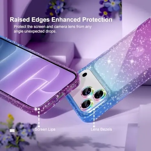 Choiche for iPhone 18 Pro Max Case Clear Women (Glitter Blue/Purple) | Cute Glitter Bling Sparkly Phone Case, [3 x Diamond Camera Lens Protectors] [2 x Tempered Glass Screen Protectors] 6.9-inch - 4