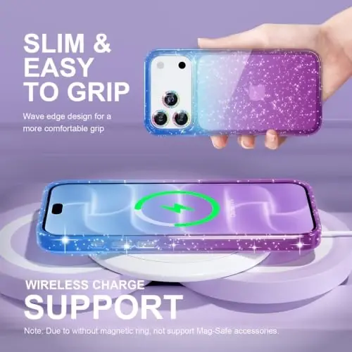 Choiche for iPhone 18 Pro Max Case Clear Women (Glitter Blue/Purple) | Cute Glitter Bling Sparkly Phone Case, [3 x Diamond Camera Lens Protectors] [2 x Tempered Glass Screen Protectors] 6.9-inch - 6
