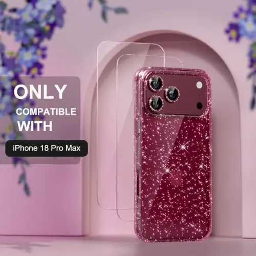 Choiche for iPhone 18 Pro Max Case Clear Women (Glitter Burgundy) | Cute Glitter Bling Sparkly Phone Case, [3 x Diamond Camera Lens Protectors] [2 x Tempered Glass Screen Protectors] 6.9-inch - 2