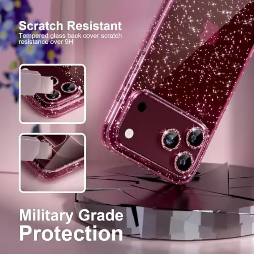 Choiche for iPhone 18 Pro Max Case Clear Women (Glitter Burgundy) | Cute Glitter Bling Sparkly Phone Case, [3 x Diamond Camera Lens Protectors] [2 x Tempered Glass Screen Protectors] 6.9-inch - 5