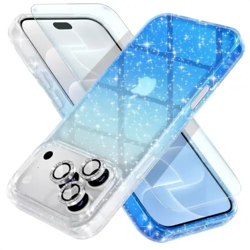 Choiche for iPhone 18 Pro Max Case Clear Women (Glitter Clear/Blue) | Cute Glitter Bling Sparkly Phone Case, [3 x Diamond Camera Lens Protectors] [2 x Tempered Glass Screen Protectors] 6.9-inch - 1