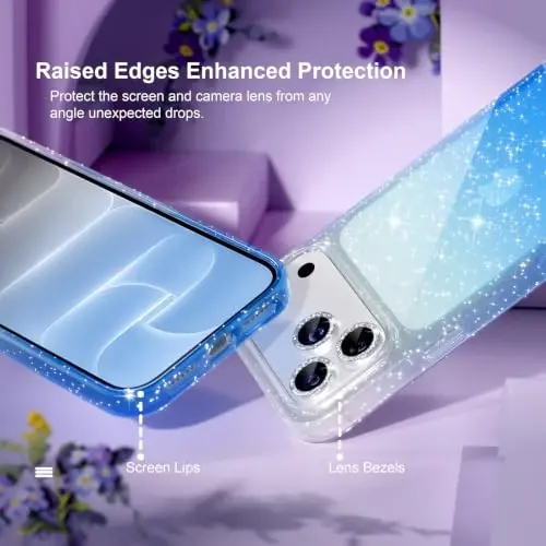 Choiche for iPhone 18 Pro Max Case Clear Women (Glitter Clear/Blue) | Cute Glitter Bling Sparkly Phone Case, [3 x Diamond Camera Lens Protectors] [2 x Tempered Glass Screen Protectors] 6.9-inch - 4