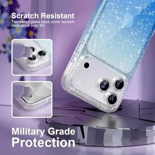 Choiche for iPhone 18 Pro Max Case Clear Women (Glitter Clear/Blue) | Cute Glitter Bling Sparkly Phone Case, [3 x Diamond Camera Lens Protectors] [2 x Tempered Glass Screen Protectors] 6.9-inch - 5