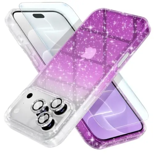 Choiche for iPhone 18 Pro Max Case Clear Women (Glitter Clear/Purple) | Cute Glitter Bling Sparkly Phone Case, [3 x Diamond Camera Lens Protectors] [2 x Tempered Glass Screen Protectors] 6.9-inch - 1