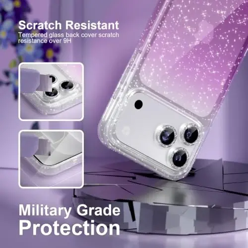 Choiche for iPhone 18 Pro Max Case Clear Women (Glitter Clear/Purple) | Cute Glitter Bling Sparkly Phone Case, [3 x Diamond Camera Lens Protectors] [2 x Tempered Glass Screen Protectors] 6.9-inch - 5