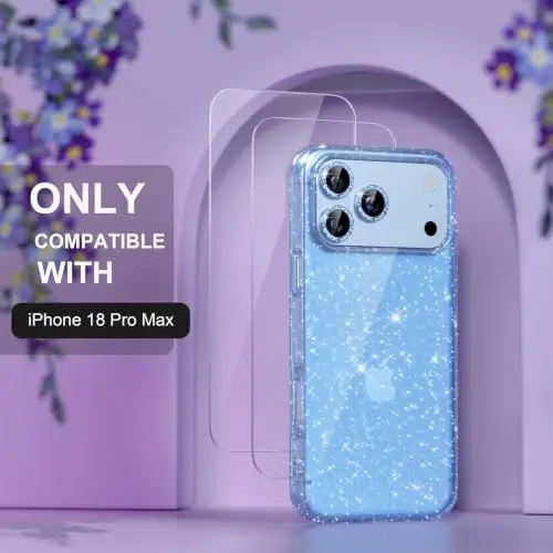 Choiche for iPhone 18 Pro Max Case Clear Women (Glitter Glacier Blue) | Cute Glitter Bling Sparkly Phone Case, [3 x Diamond Camera Lens Protectors] [2 x Tempered Glass Screen Protectors] 6.9-inch - 2